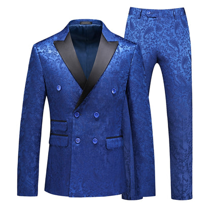 Tailored Fit Peaked Lapel Double Breasted Six-Buttons Jacquard 2 Piece Men's Party Suits