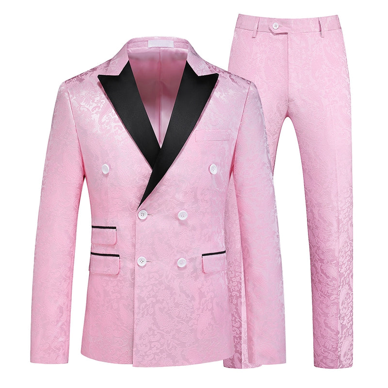 Tailored Fit Peaked Lapel Double Breasted Six-Buttons Jacquard 2 Piece Men's Party Suits