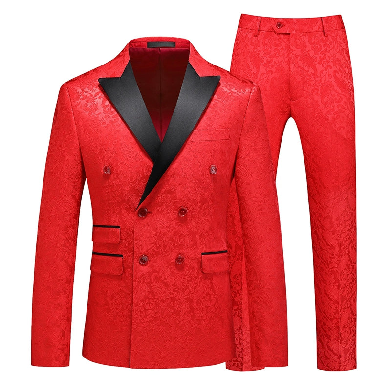 Tailored Fit Peaked Lapel Double Breasted Six-Buttons Jacquard 2 Piece Men's Party Suits