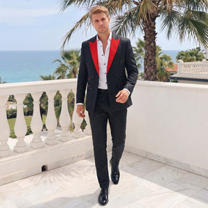 Tailored Fit Peaked Lapel Double Breasted Six-Buttons Jacquard 2 Piece Men's Party Suits