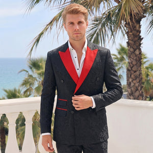 Tailored Fit Peaked Lapel Double Breasted Six-Buttons Jacquard 2 Piece Men's Party Suits