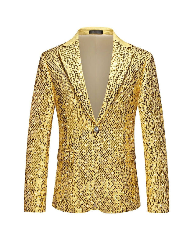 Tailored Fit Notched Lapel Single Breasted One-Button Men's Party Jacket With Sequins
