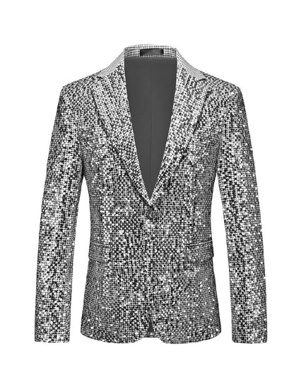 Tailored Fit Notched Lapel Single Breasted One-Button Men's Party Jacket With Sequins