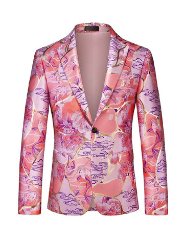 Tailored Fit Notched Lapel Single Breasted One-Button Printed Men's Party Jacket