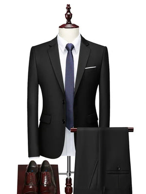 Tailored Fit Single Breasted Two-button 2 Pieces Solid Colored Men's Casual Suits