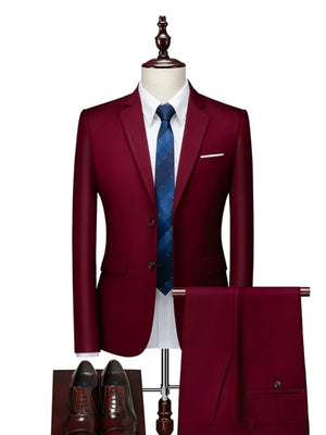 Tailored Fit Single Breasted Two-button 2 Pieces Solid Colored Men's Casual Suits