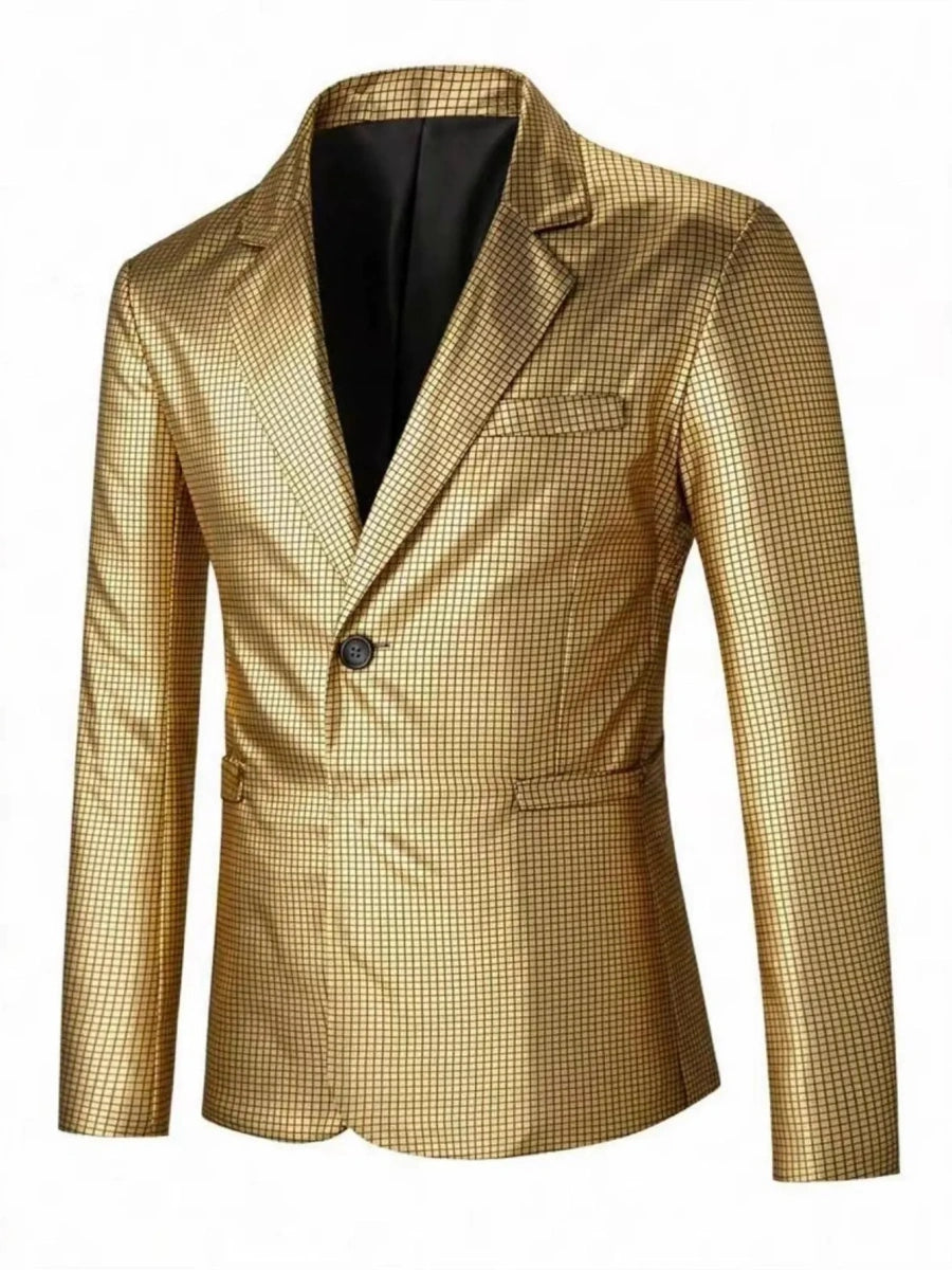 Tailored Fit Lapel Single Breasted One-Button Gilded Grid Men&