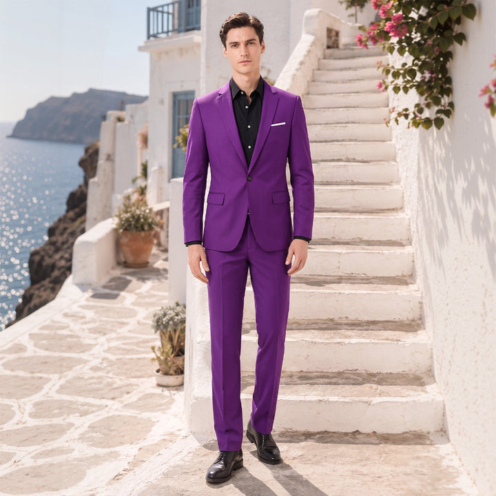 Tailored Fit Notched Lapel Single Breasted One-Button Solid Color 2 Piece Men&