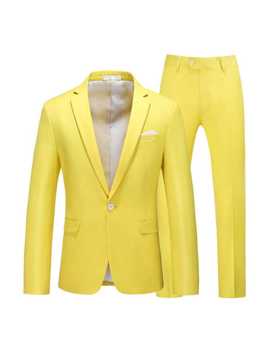 Tailored Fit Notched Lapel Single Breasted One-Button Solid Color 2 Piece Men's Party Suits