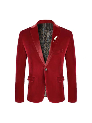 Tailored Fit Notched Lapel Breasted One-Buttons Velvet Men's Party Jacket