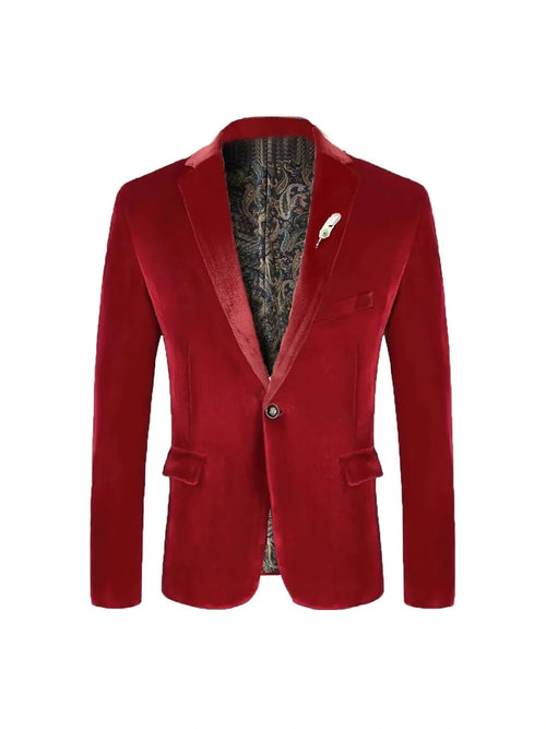 Tailored Fit Notched Lapel Breasted One-Buttons Velvet Men's Party Jacket