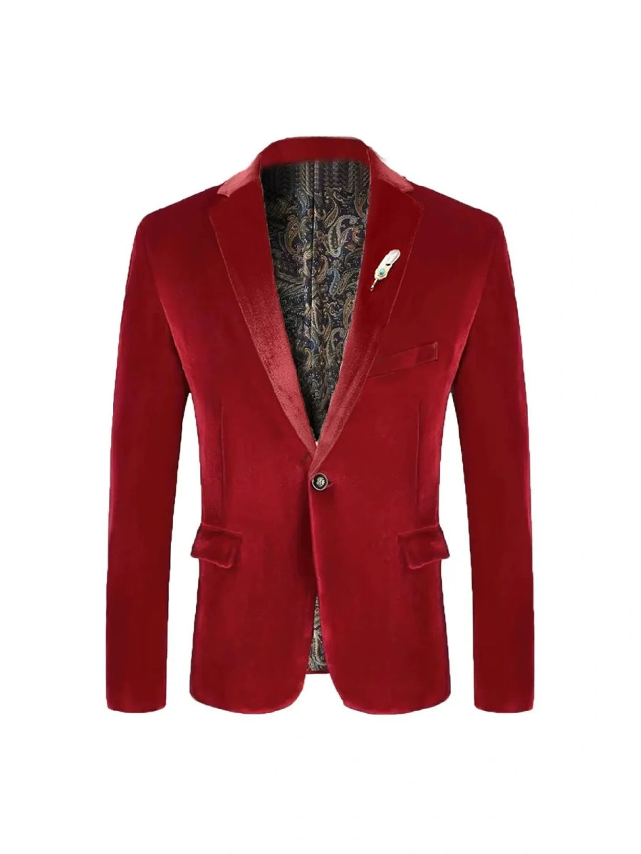 Tailored Fit Notched Lapel Breasted One-Buttons Velvet Men's Party Jacket