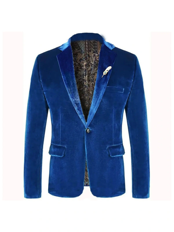 Tailored Fit Notched Lapel Breasted One-Buttons Velvet Men's Party Jacket