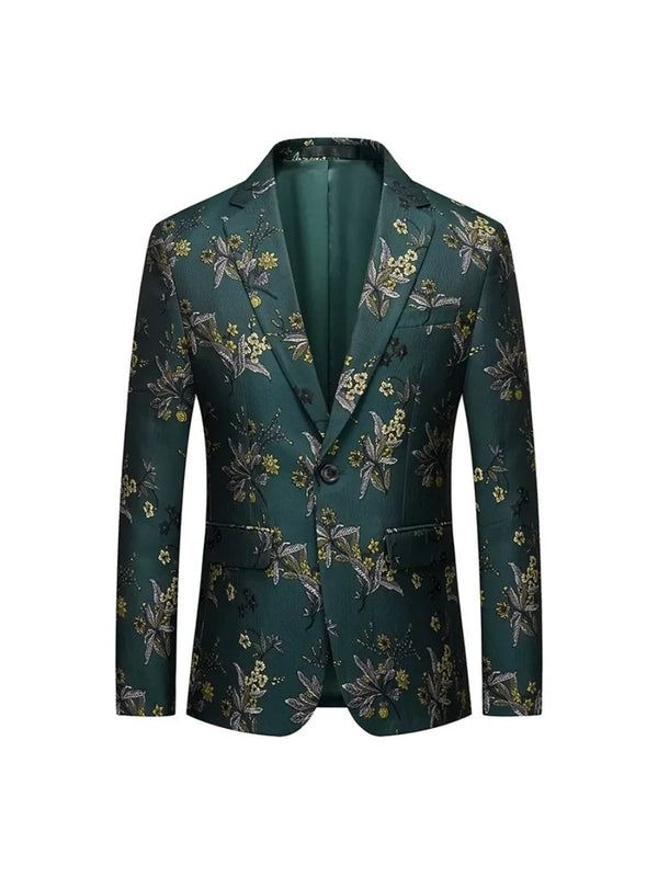 Tailored Fit Notched Lapel Single Breasted One-button Men's Party Jacket With Flower Embroidery