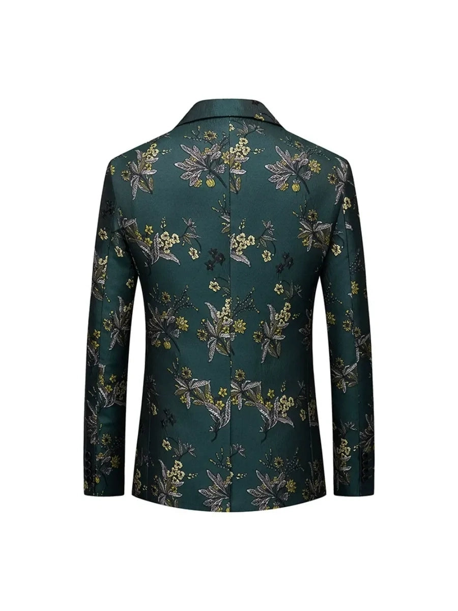 Tailored Fit Notched Lapel Single Breasted One-button Men's Party Jacket With Flower Embroidery