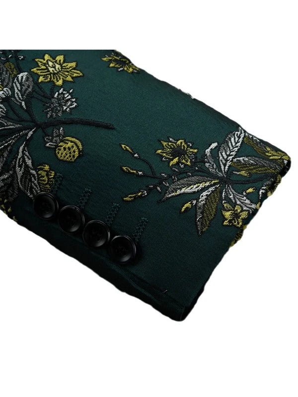 Tailored Fit Notched Lapel Single Breasted One-button Men's Party Jacket With Flower Embroidery