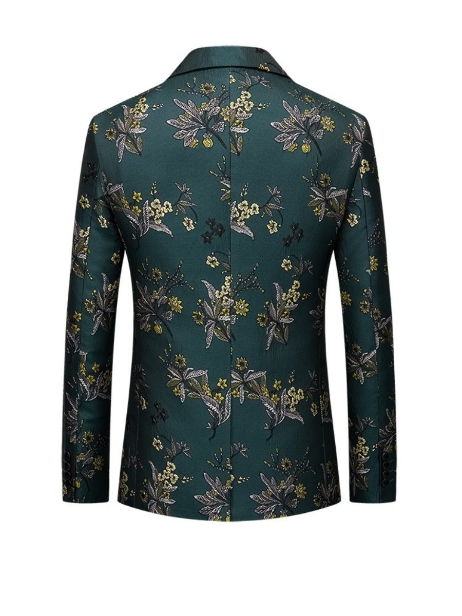 Tailored Fit Notched Lapel Single Breasted One-button Men's Party Jacket With Flower Embroidery