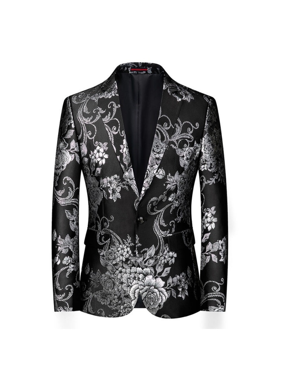 Tailored Fit Notched Lapel Single Breasted One-button Gilded Printed Men's Party Jacket