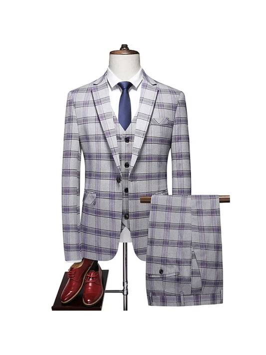Tailored Fit Notched Lapel Single Breasted One-Button Grid 3 Piece Men's Party Suits