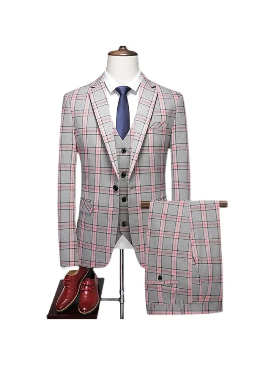 Tailored Fit Notched Lapel Single Breasted One-Button Grid 3 Piece Men's Party Suits
