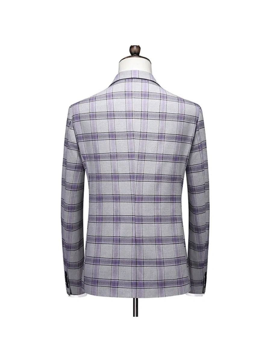 Tailored Fit Notched Lapel Single Breasted One-Button Grid 3 Piece Men's Party Suits