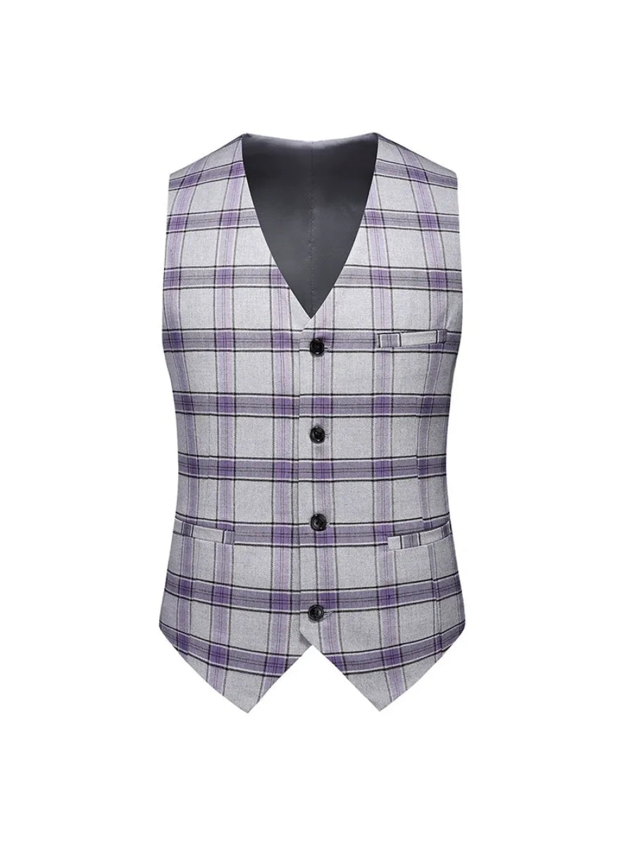 Tailored Fit Notched Lapel Single Breasted One-Button Grid 3 Piece Men's Party Suits