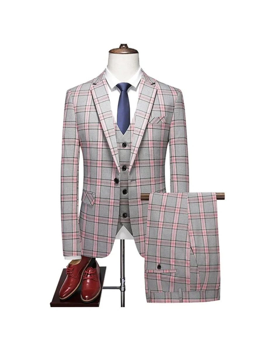Tailored Fit Notched Lapel Single Breasted One-Button Grid 3 Piece Men's Party Suits