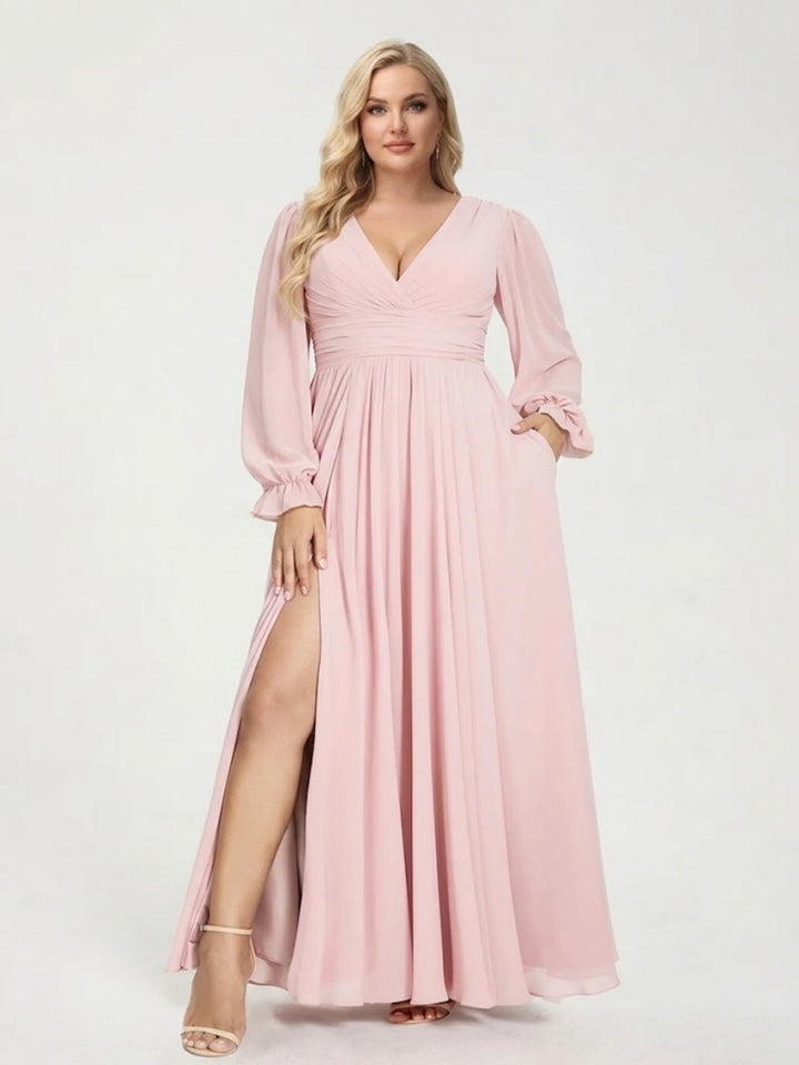 A-Line/Princess V-Neck Long Sleeves Split Side With Pockets Plus Size Bridesmaid Dresses