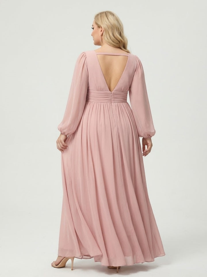 A-Line/Princess V-Neck Long Sleeves Split Side With Pockets Plus Size Bridesmaid Dresses