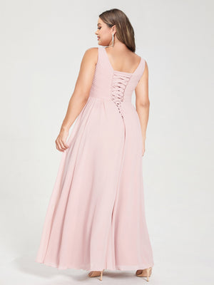 A-Line/Princess Chiffon V-Neck Sleeveless With Pleats Floor-Length Lace Up Plus Size Bridesmaid Dresses