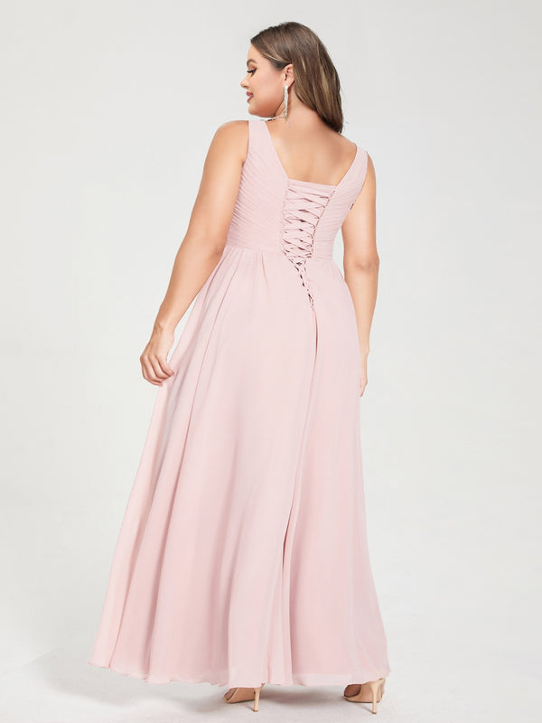 A-Line/Princess Chiffon V-Neck Sleeveless With Pleats Floor-Length Lace Up Plus Size Bridesmaid Dresses