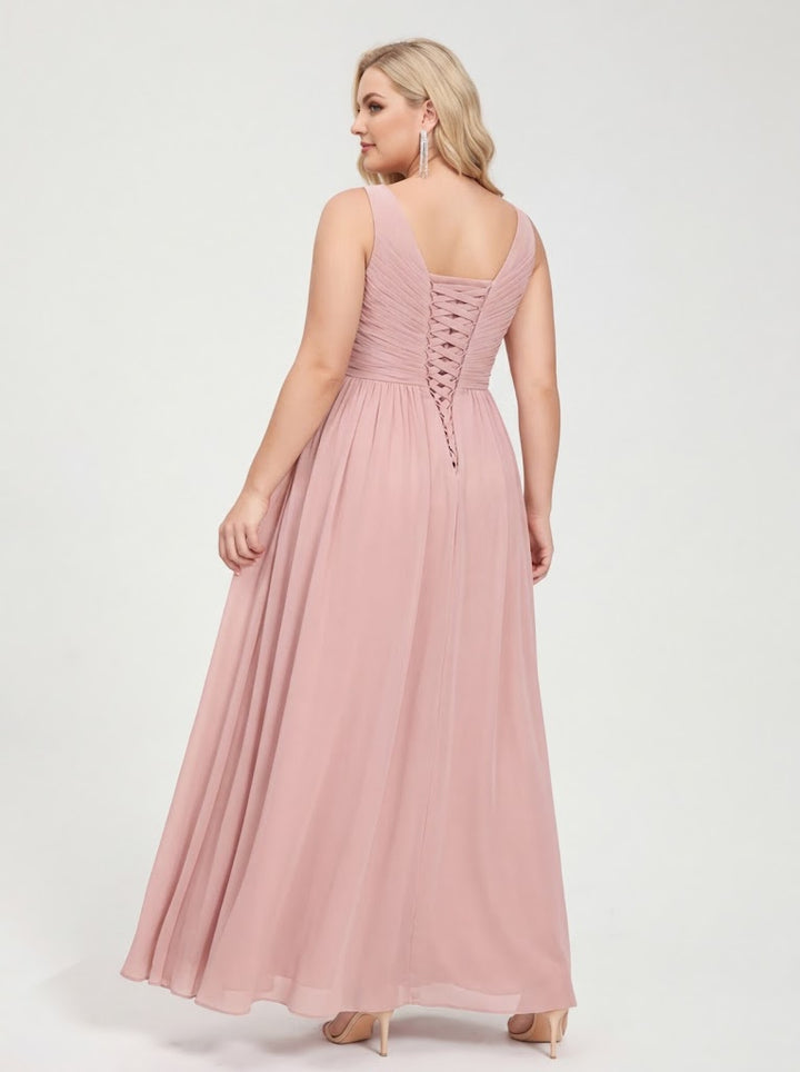 A-Line/Princess Chiffon V-Neck Sleeveless With Pleats Floor-Length Lace Up Plus Size Bridesmaid Dresses