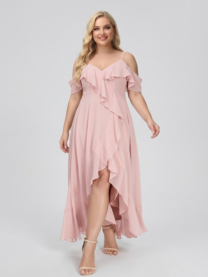 A-Line/Princess Chiffon Spaghetti Straps V-Neck Short Sleeves With Ruffles Asymmetrical Plus Size Bridesmaid Dresses