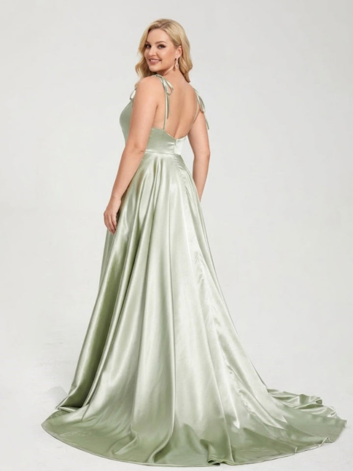 A-Line Spaghetti Straps Sleeveless Long Silk Like Satin Plus Size Bridesmaid Dresses