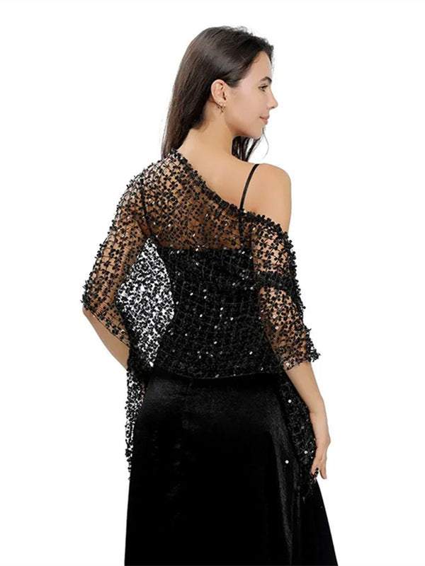 Women's Solid Colored Fringed Scarf Wedding Cape with Sequins