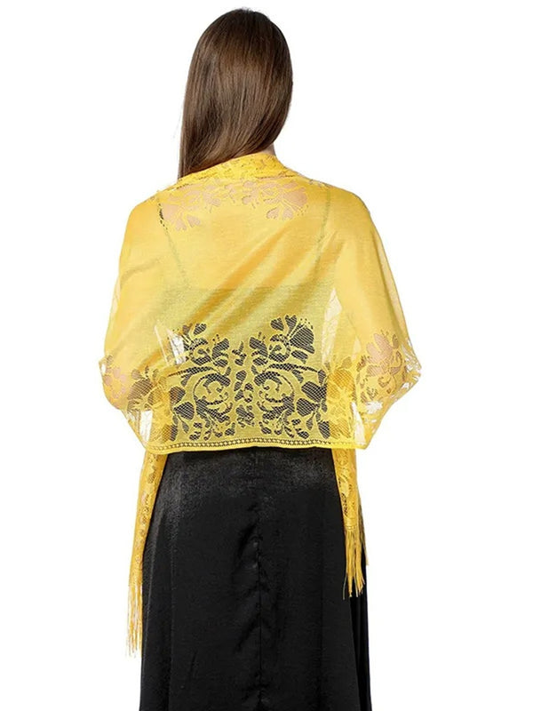Women's Solid Colored Fringed Scarf Cape with Floral Cut-out