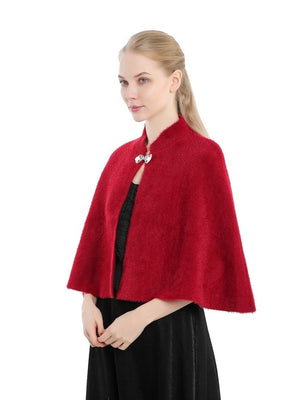 Women's Elegant Knitted Solid Color Cape Shawl with Button