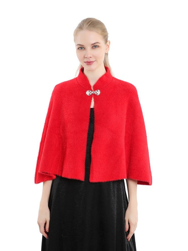 Women's Elegant Knitted Solid Color Cape Shawl with Button