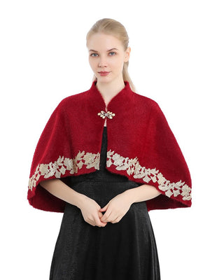 Women's Elegant Knitted Cape Shawl with Rhinestone & Appliques