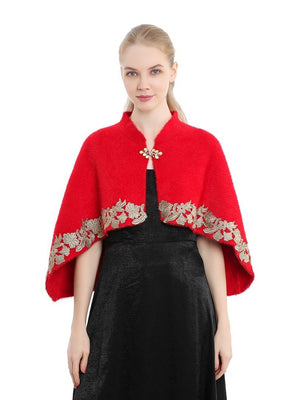 Women's Elegant Knitted Cape Shawl with Rhinestone & Appliques