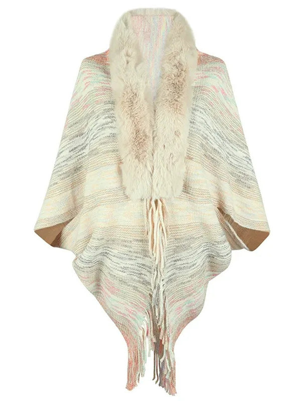Chic Retro Striped Knitted Long Party Cape Shawl with Tassel for Women