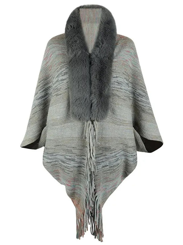 Chic Retro Striped Knitted Long Party Cape Shawl with Tassel for Women