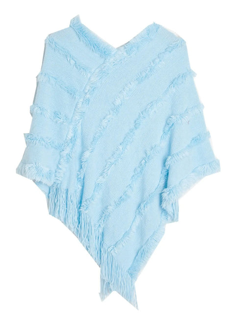 Women's Warm V-Neck Stylish Knitted Plush Fringed Shawl Cape
