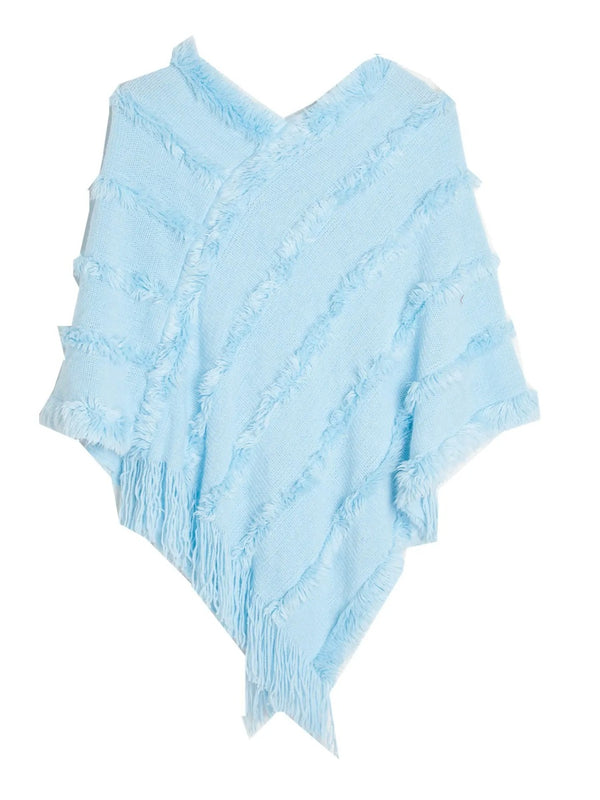Women's Warm V-Neck Stylish Knitted Plush Fringed Shawl Cape