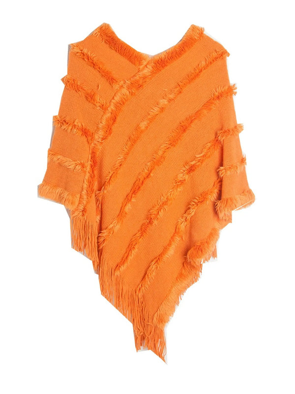 Women's Warm V-Neck Stylish Knitted Plush Fringed Shawl Cape