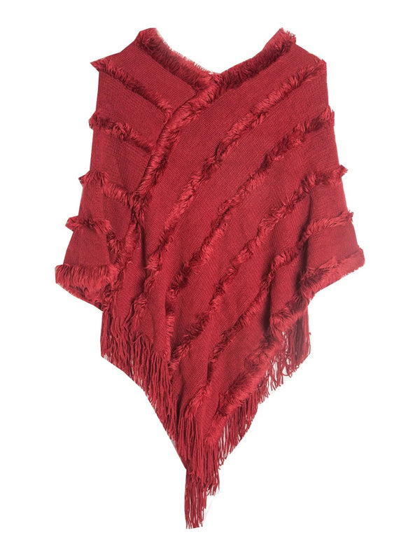 Women's Warm V-Neck Stylish Knitted Plush Fringed Shawl Cape