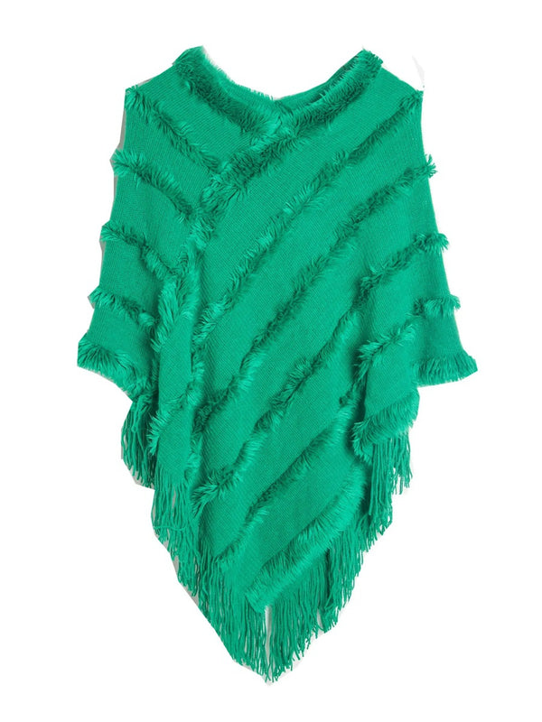 Women's Warm V-Neck Stylish Knitted Plush Fringed Shawl Cape