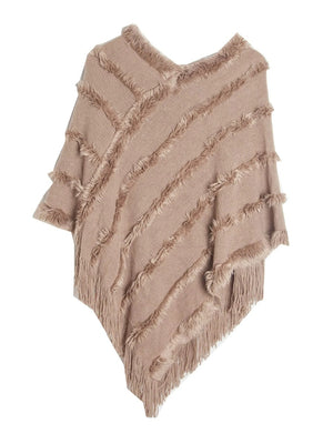 Women's Warm V-Neck Stylish Knitted Plush Fringed Shawl Cape
