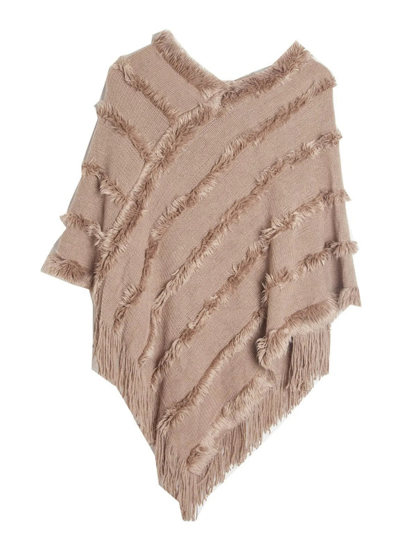 Women's Warm V-Neck Stylish Knitted Plush Fringed Shawl Cape