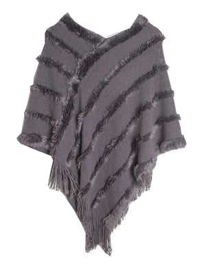 Women's Warm V-Neck Stylish Knitted Plush Fringed Shawl Cape